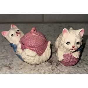 Vintage Loomco Creamer Sugar Set 1993 Cat Kitten Yarn Ball Pink Blue Cottage
